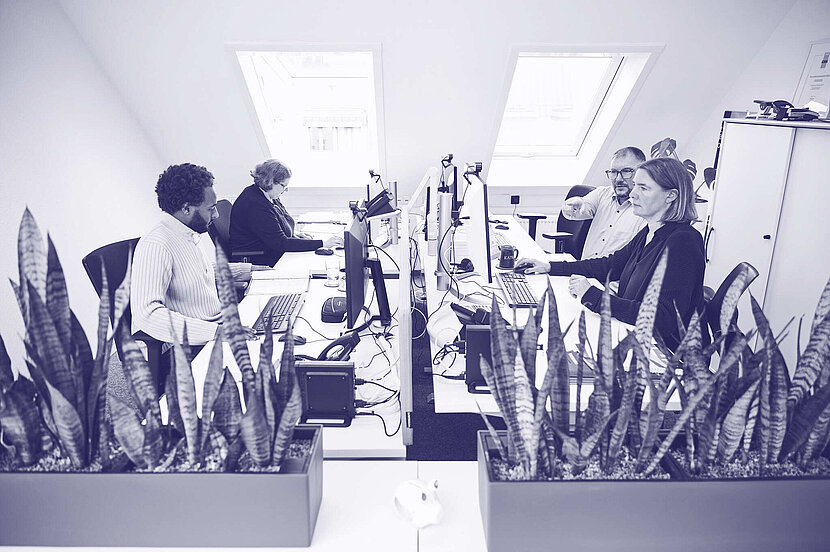 Team der Steuerkanzlei Drechsel arbeitet gemeinsam an mehreren Bildschirmen mit Buchhaltungsunterlagen im Büro